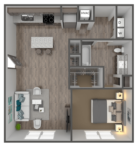 Floor plan for 1 bed, 1 bath, 730 sqft
